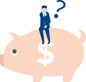 question money businessman thinking,on piggy bank,vector illustration,blue background