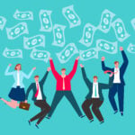 Money rain, a group of cheering jumping businessmen and a pile of money falling down, financial support and successful business concept illustration