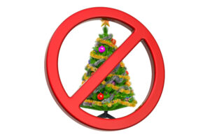Christmas tree with Forbidden Sign, 3D rendering isolated on white background