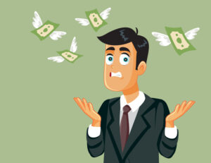 Stressed Man Looking How his Money Fly Vector Cartoon