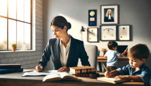 DALL·E 2023-11-16 15.19.31 – Create an ultra-realistic image of a diverse female lawyer at her desk, focused on writing a law brief. She is professionally dressed in a conservativ